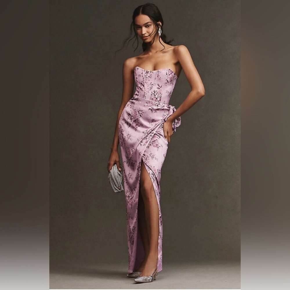 V. Chapman June Corset Front-Slit Gown in Rose, Sz 6
